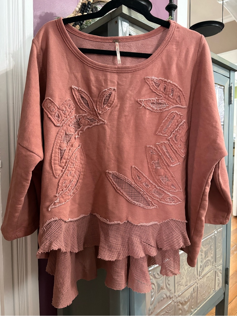 Free People terra-cotta Embroidered Layered-Hem Sweatshirt